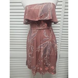 Express SZ XS Sundress Strapless Brown Floral Ruffled Rouched Short Sleeveless